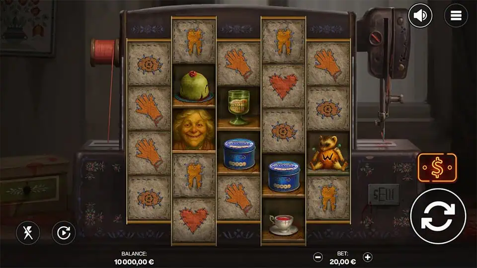 Sew slot grid with stitched fabric symbols and a sewing machine beside the reels, showing player balance, bet, and spin button.