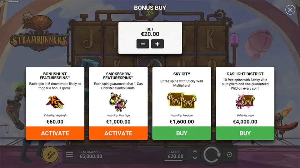 Steamrunners bonus menu with multiple feature buy modes and volatility levels.