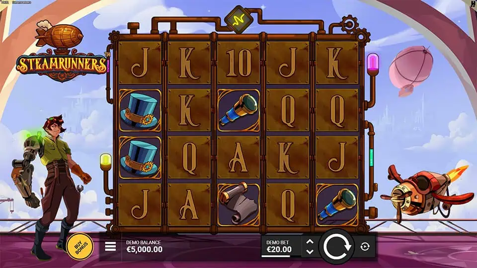 Steamrunners reels with character, airship, top hats and spyglass symbols.