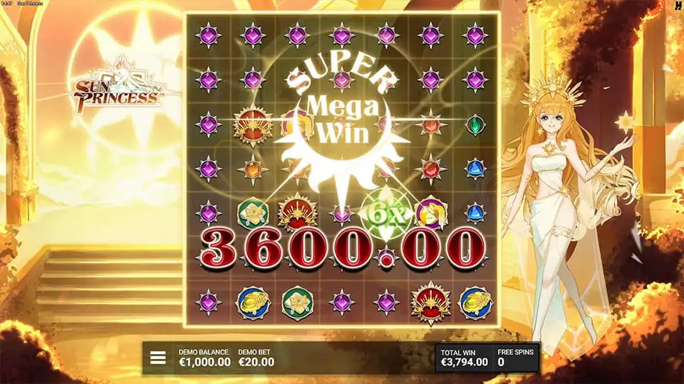Bright “Super Mega Win” banner in glowing sun rays, with highlighted multipliers and gems across the reels, accompanied by the Sun Princess character.