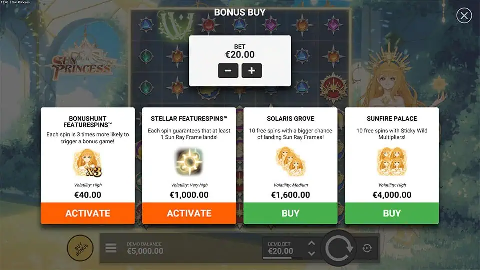 Bonus buy menu offering multiple feature options including Bonus Hunt, Stellar FeatureSpins, Solaris Grove, and Sunfire Palace, each with unique enhancements.