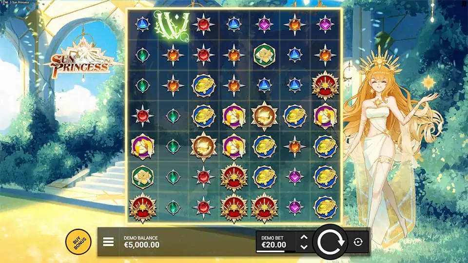 Main game screen with a golden temple background, reels filled with colorful gems and symbols, and the princess standing to the side.