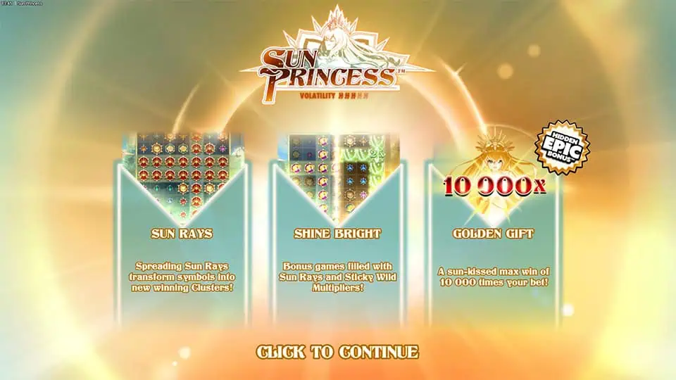 Intro screen presenting Sun Princess features: Sun Rays transforming symbols, Shine Bright free spins with Sticky Wild Multipliers, and max win potential highlighted in radiant golden light.