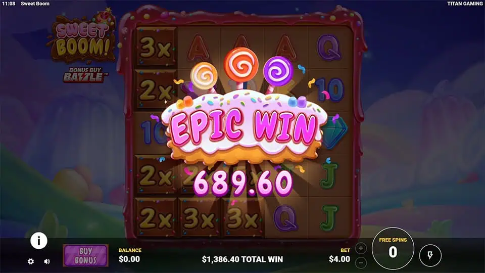Epic Win screen with candy lollipops and frosting background displaying a payout of 689.60 in bright pink letters.