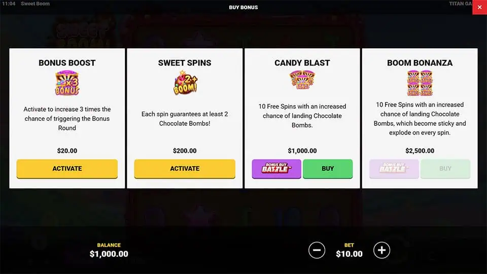 Bonus buy menu offering Bonus Boost, Sweet Spins, Candy Blast, and Boom Bonanza with different free spins and bomb features.