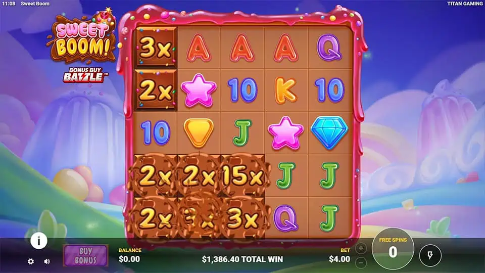 Gameplay showing exploding chocolate bombs revealing multipliers like 2x, 3x, and 15x on the reels.