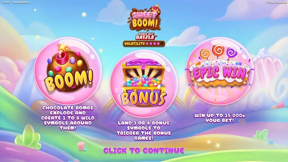 Sweet Boom intro screen showcasing Chocolate Bombs, Bonus triggers, and max win up to 15,000x your bet.