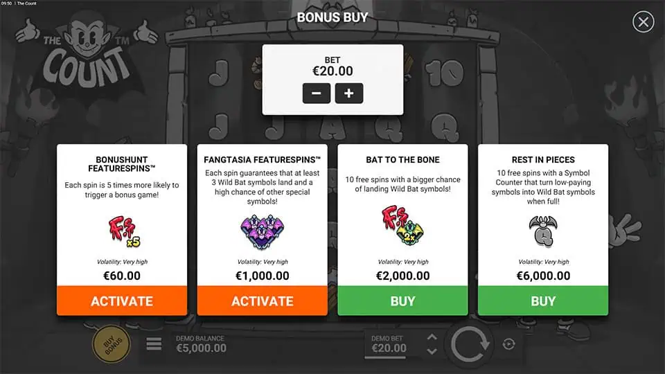 Bonus buy menu offering different feature spins such as Bonus Hunt, Fangtasia FeatureSpins, Bat to the Bone and Rest in Pieces, each with unique modifiers.