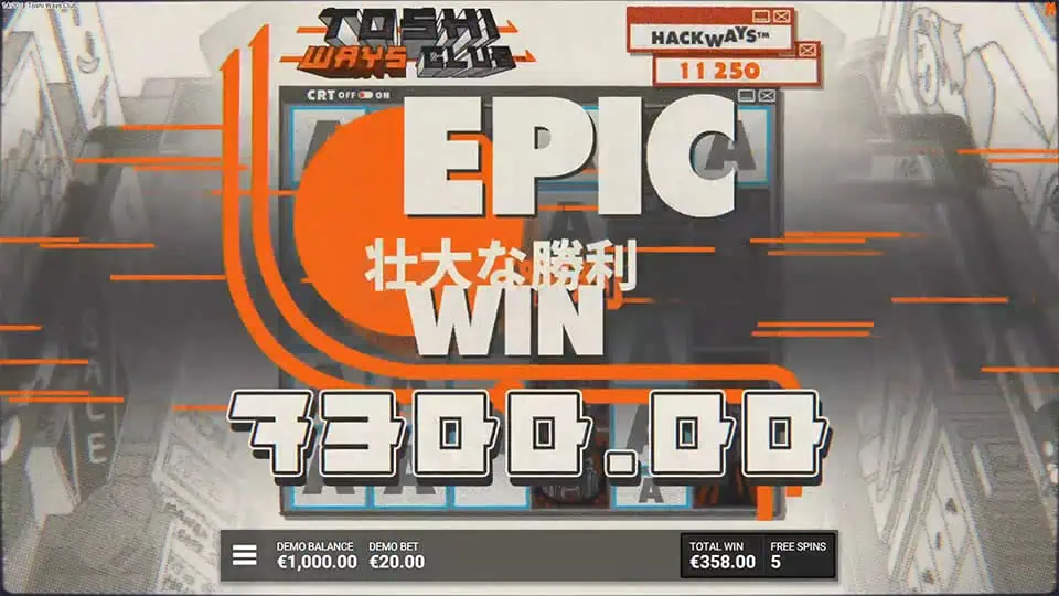 EPIC WIN screen in Toshi Ways Club slot with large retro-styled text, CRT scanlines, and orange graphic overlays.