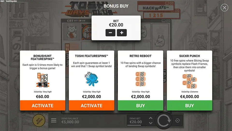 Bonus buy menu in Toshi Ways Club offering four modes including Bonushunt, Toshi Featurespins, Retro Reboot, and Suckr Punch.