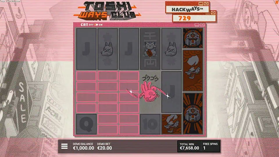 Slicing Swap symbol in action on a red-tinted bonus spin, showing the animated pink character slicing symbols on the reels.