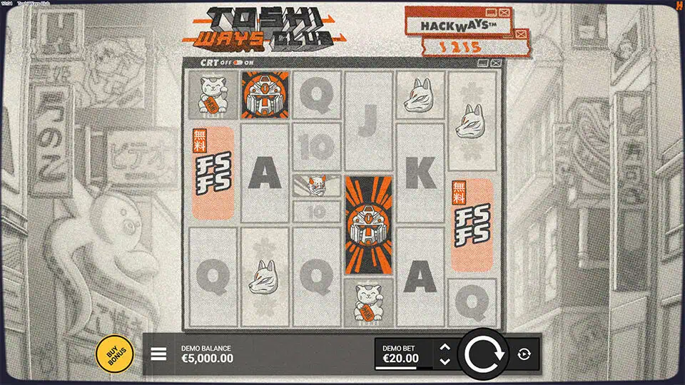 Base gameplay screen of Toshi Ways Club slot showing robotic and animal symbols in a CRT-themed grayscale urban setting.