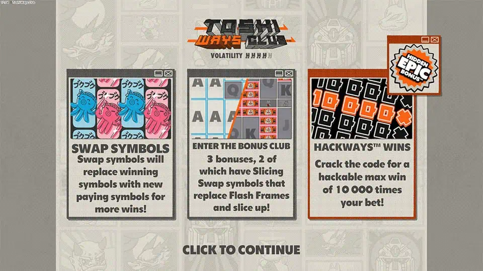 Intro panel for Toshi Ways Club slot showcasing features like Swap Symbols, Bonus Club, and Hackways™ max win of 10,000x.