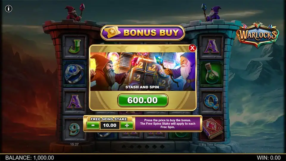 Bonus buy screen in Warlocks slot showing option to purchase the Stash and Spin feature with fire and ice wizards battling.