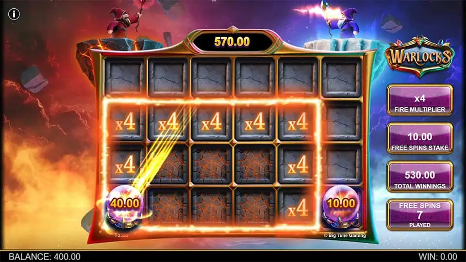 Warlocks slot's Stash and Spin bonus with glowing x4 multipliers and crystal orbs triggering payouts on a fiery reel grid.