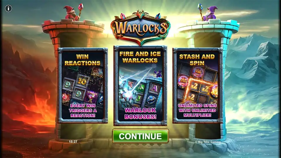 Intro screen for Warlocks slot introducing Win Reactions, Warlock Bonuses, and Stash and Spin with unlimited multipliers.