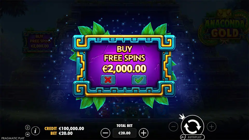 Purchase screen for Anaconda Gold's free spins at x100 the bet.