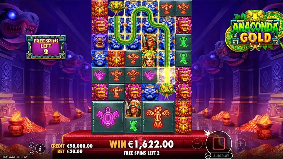 Anaconda trail lights up matching symbols during free spins.