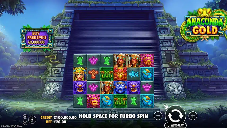 Base game view of Anaconda Gold with Aztec symbols and stone reel set.