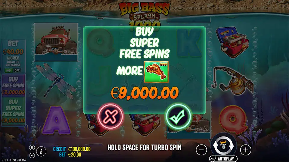 Big Bass Splash 1000 slot displaying the Super Free Spins purchase screen with a glowing golden fish symbol.