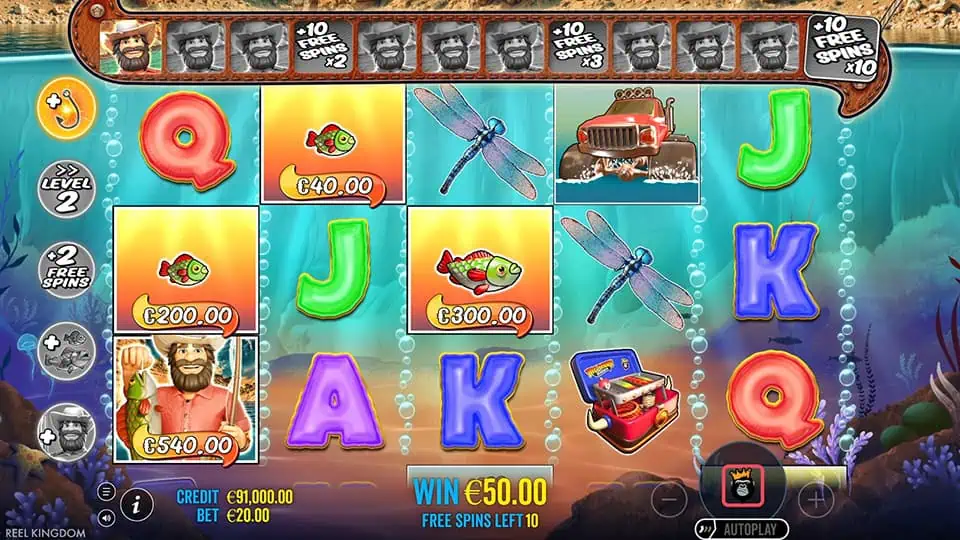Big Bass Splash 1000 slot showing the fisherman collecting cash values from fish symbols during free spins.