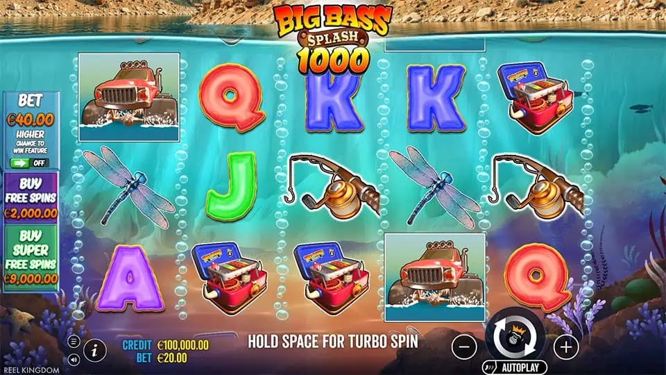 Big Bass Splash 1000 base game with underwater-themed reels featuring symbols like trucks, dragonflies, and fishing gear.