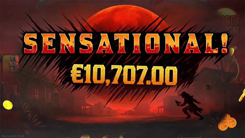 Sensational win banner in Bloody Dawn slot with €10,707.00 displayed over a blood-red sky and full moon background.