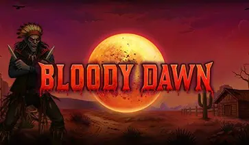 Bloody Dawn slot logo displayed at sunset with a blood moon and a shadowy Native vampire character on the left.