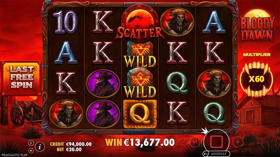 Bloody Dawn slot showing stacked Wild symbols and Scatter on the last free spin, with x60 multiplier active on the right.