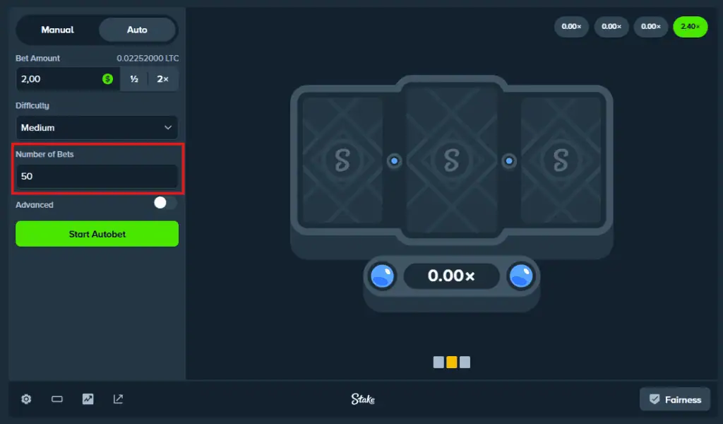 Auto play settings for Tarot Game on Stake