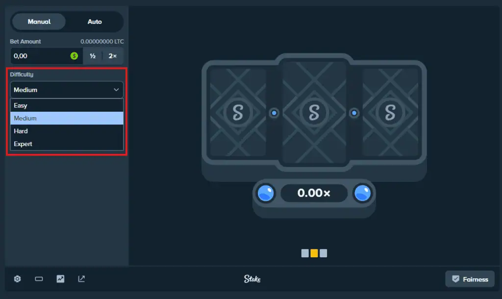 Game interface on Stake with difficulty options displayed