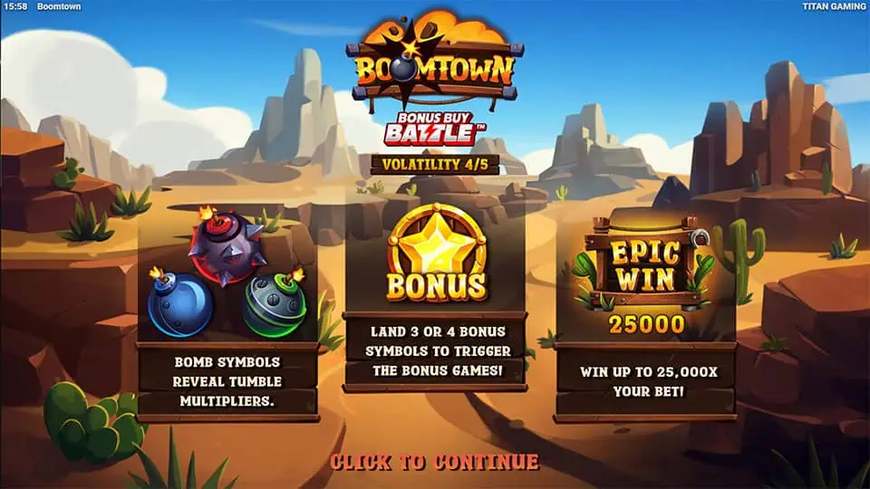 Boomtown slot intro screen