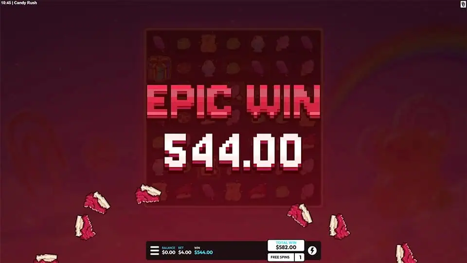 Epic win screen in Candy Rush slot with pink pixel-style text and cake slices falling across the screen.