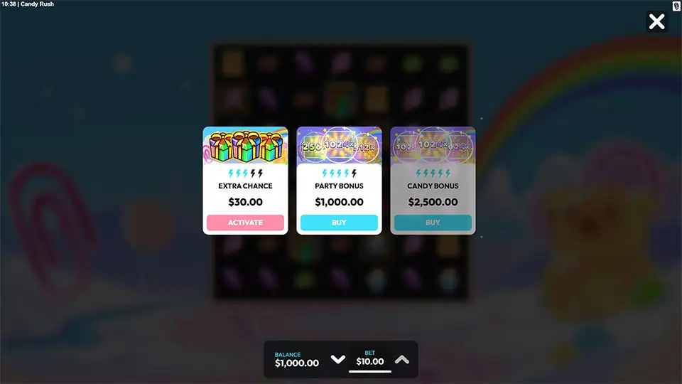 Candy Rush buy menu offering Extra Chance and bonus game purchase options with lightning icons.
