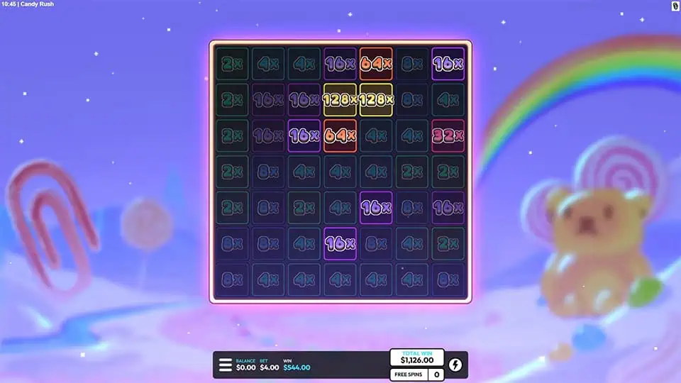 Candy Rush feature showing multipliers on grid tiles, including glowing x64 and x128 values in the bonus round.
