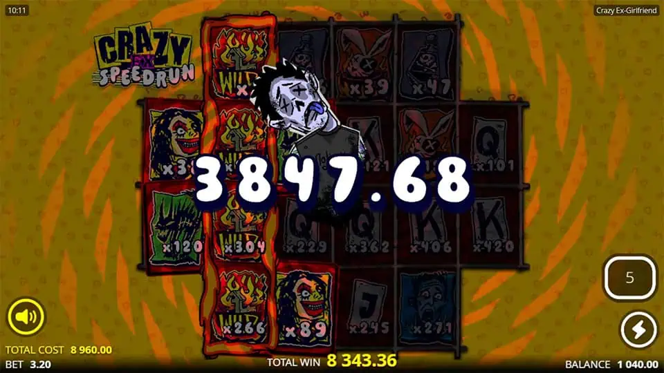 Win of 3,847.68 shown during Speedrun mode with flaming wilds.