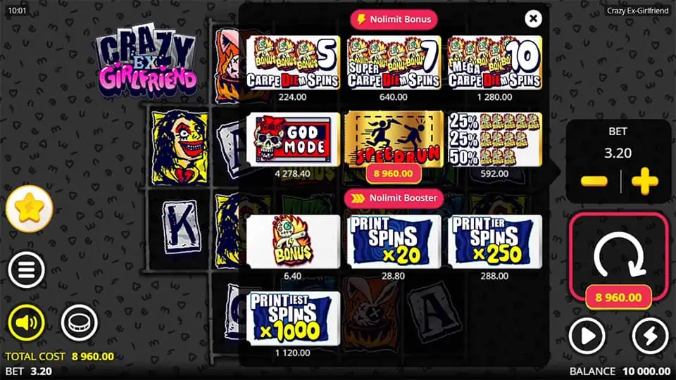 Bonus buy menu with options like Speedrun, God Mode, and Printer Spins.