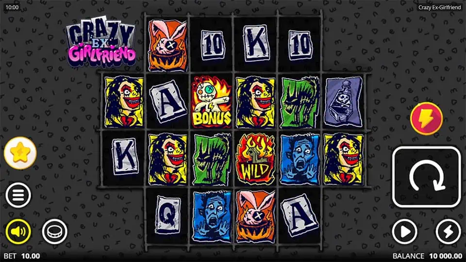 Base game screen with comic-style symbols on a 5x5 reel grid.