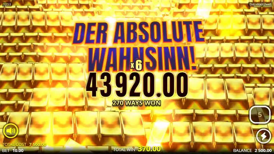 Massive win screen in Das xBoot Zwei! slot with golden bars in the background and bold “Der Absolute Wahnsinn!” text overlay.