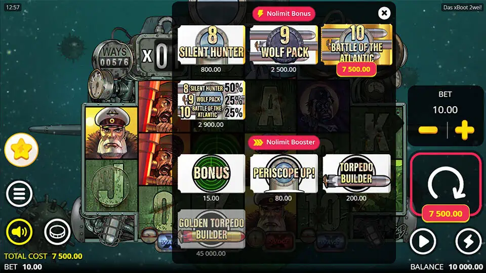 Bonus buy menu in Das xBoot Zwei! slot showing options like Silent Hunter, Wolf Pack, and Battle of the Atlantic with chance percentages and booster tools.