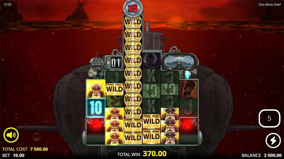Target bonus round in Das xBoot Zwei! slot with vertical wild reel, x5 multiplier, and stacked character symbols on a submarine backdrop.