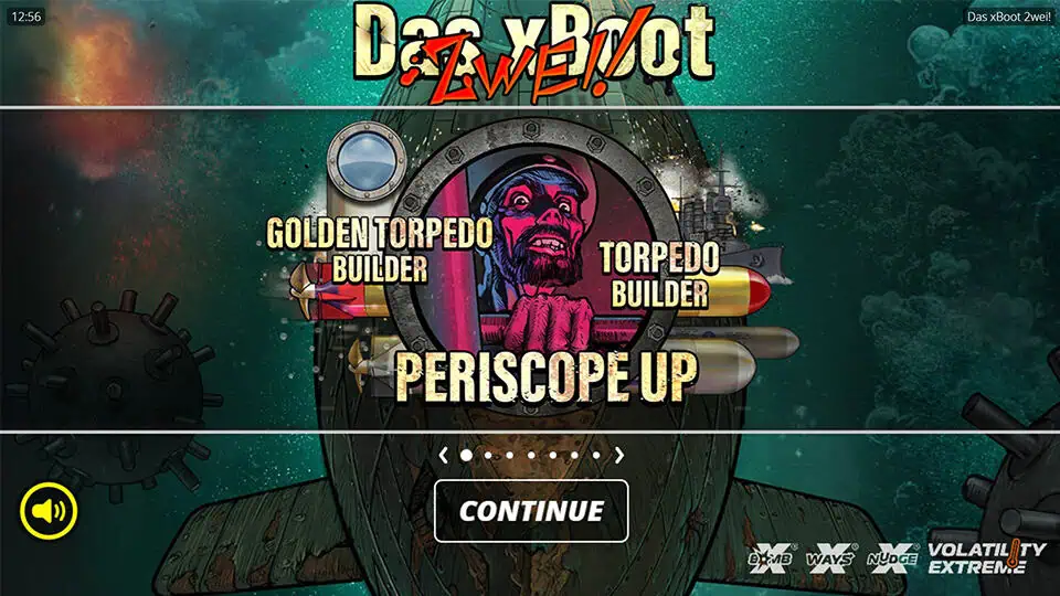 Intro panel for Das xBoot Zwei! slot highlighting features like Periscope Up, Torpedo Builder, and Golden Torpedo Builder.