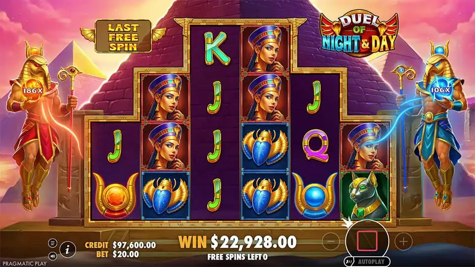 Duel of Night & Day feature showcasing Sun and Moon gods with their multipliers active on both sides of the reels.