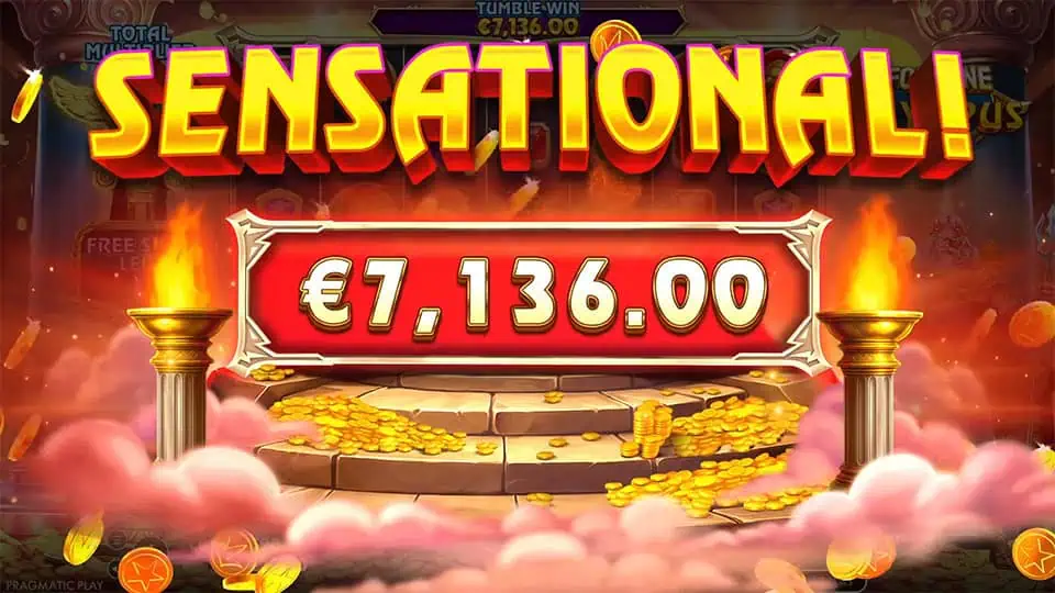 Big win screen with golden coins, flames, and bold "SENSATIONAL" text.