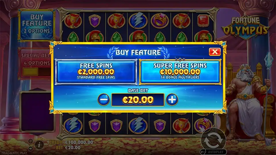 Feature buy menu offering standard and super spins with multiplier boost.