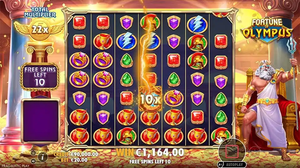 Free spins round with 22x multiplier and Zeus beside the reels.