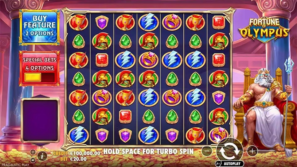 Base game screen with Zeus, colored gems, and lightning symbols.