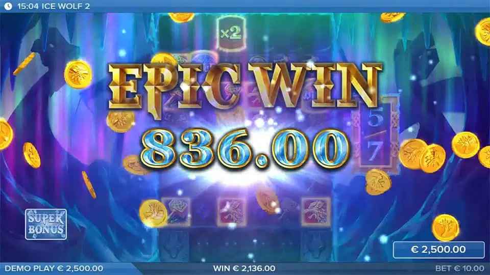 Epic Win screen in Ice Wolf 2 slot with golden coins flying across a glowing blue aurora background and large highlighted win text.