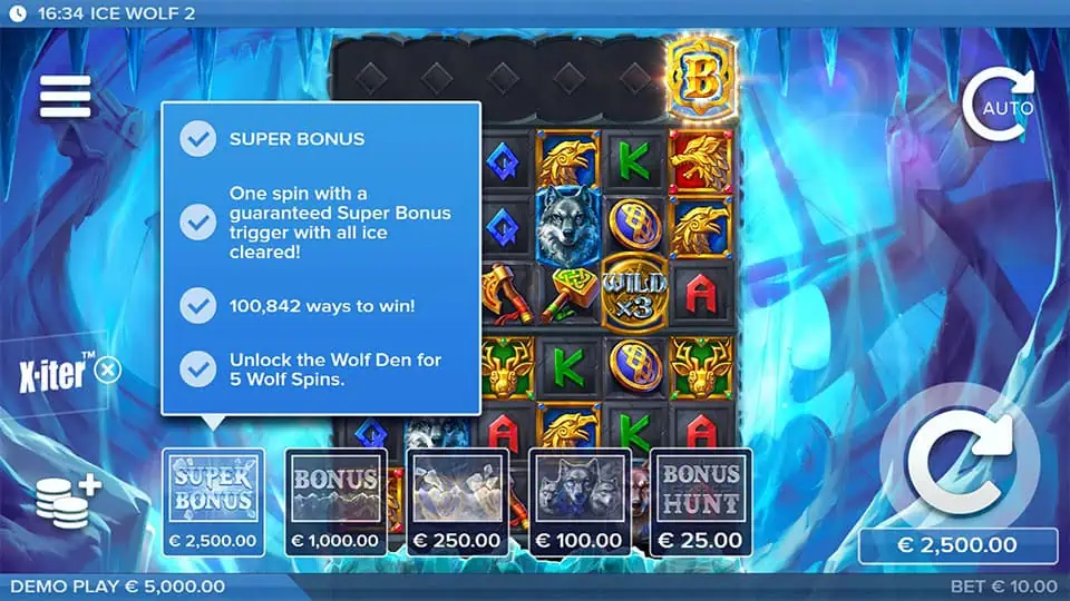 X-iter bonus buy screen in Ice Wolf 2 slot offering five feature modes including Super Bonus and Wolf Den spins with various price points.