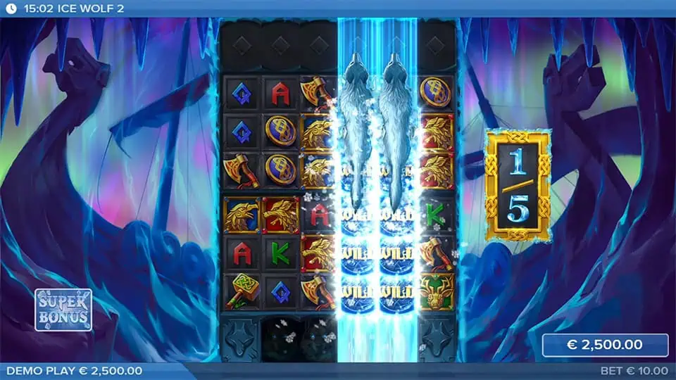 Wolf Reel feature in Ice Wolf 2 slot with howling wolf symbols charging vertically to clear ice and activate wild reels.